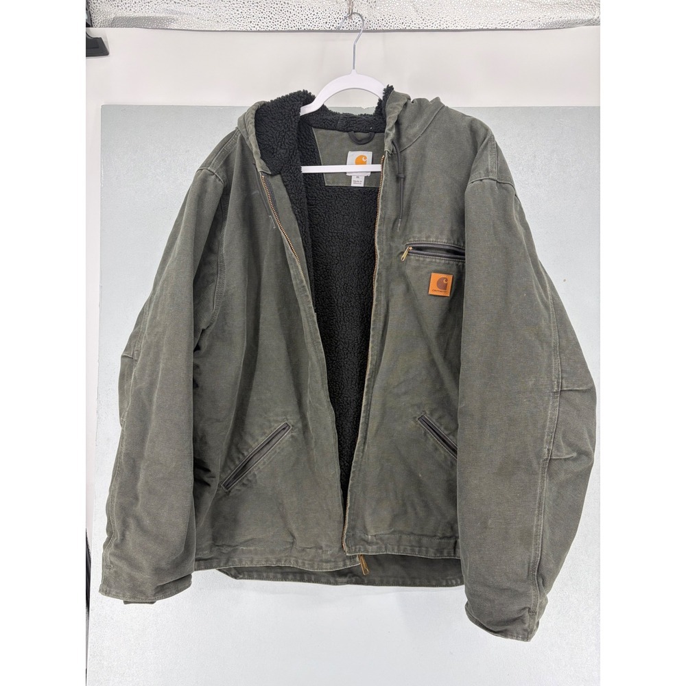 Carhartt Mens Hooded Jacket Moss Green Sherpa Lined Cotton Duck XL - Picture 2 of 8